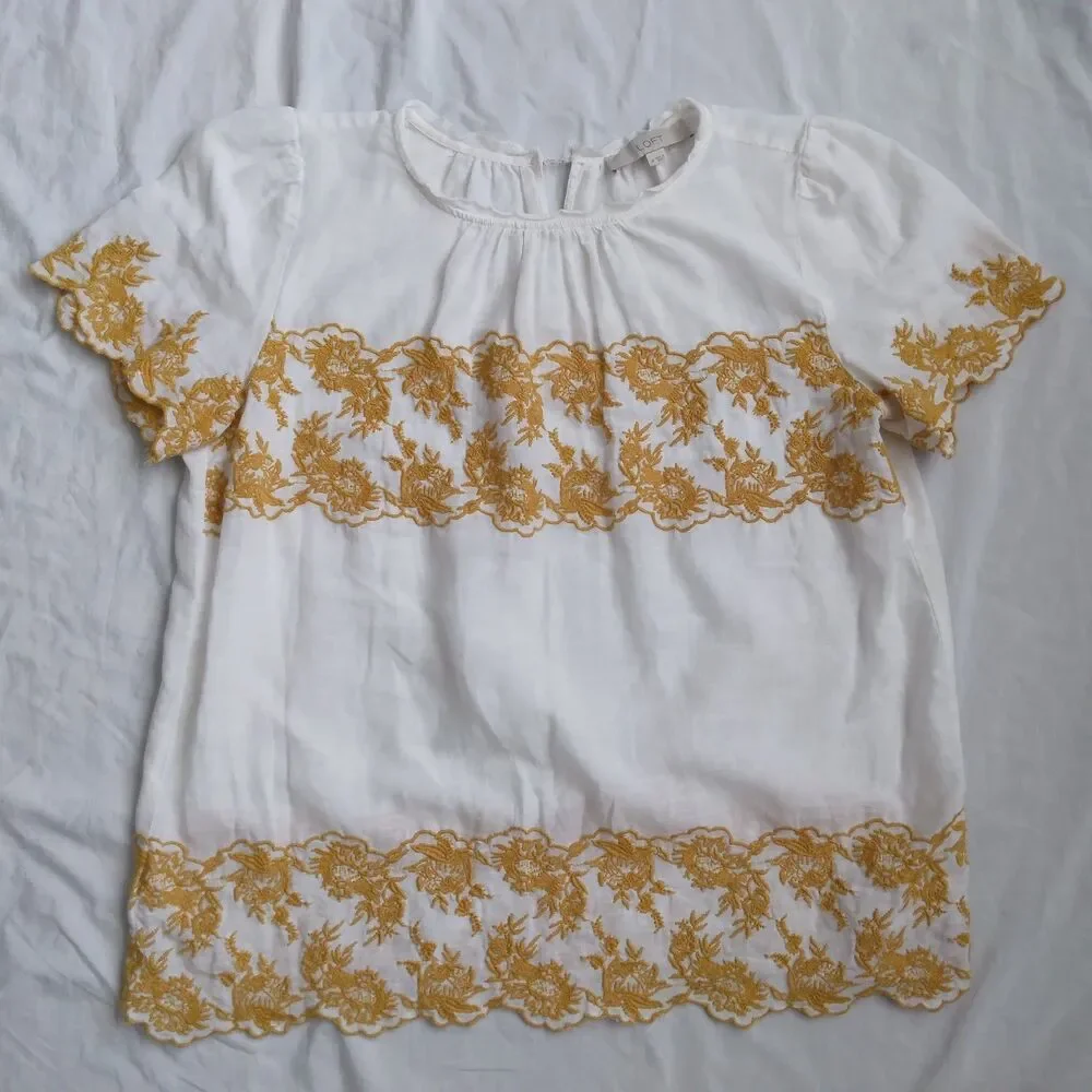 Ann Taylor Loft Blouse Linen Blend Embroided Peasant Boho Women's Size M - Picture 1 of 12